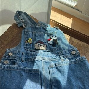 Denim Overalls with Cartoon Patches Looney Tunes. Girls